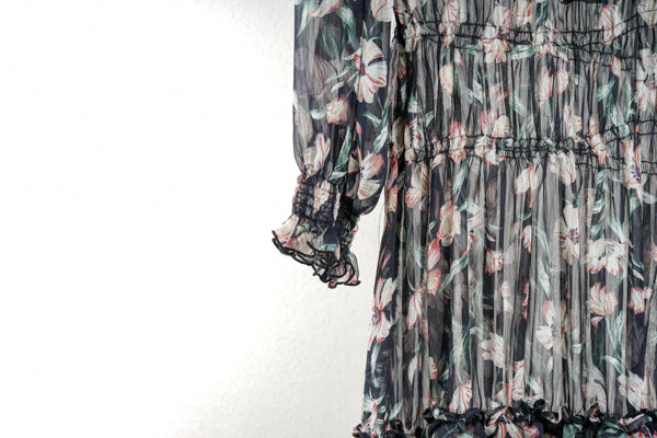 花柄シャーリングワンピース(ブラック)