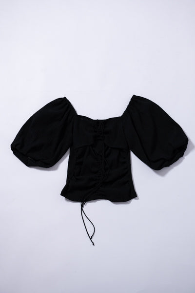 カットジャカードドロストギャザーブラウス(BLACK)